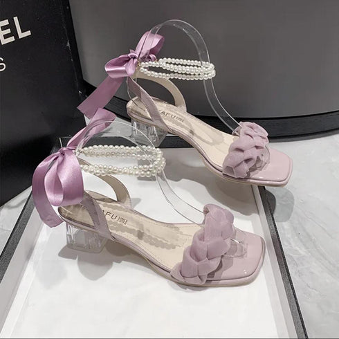 Ladies Aesthetic Slid On Pearl And Ribbons Straps Heels